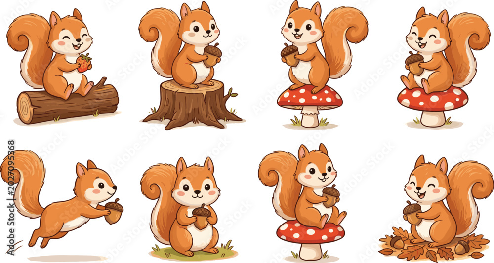 Obraz premium Cute Cartoon Squirrel Vector Character Set Holding Acorns Sitting on Mushrooms and Log for Autumn Woodland Forest Wildlife Clipart Designs