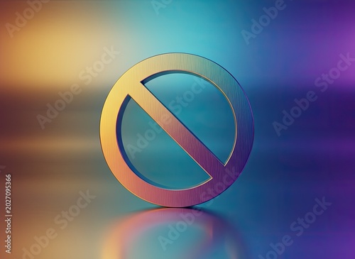 Metallic prohibition symbol reflecting vibrant multicolored gradients on a smooth surface for modern warning signage displays