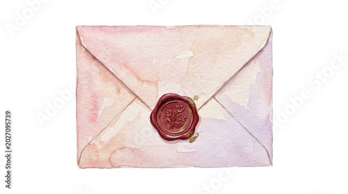 Schilderij op canvas Pink Watercolor Envelope with Red Wax Seal and Floral Design, Isolated on Transp