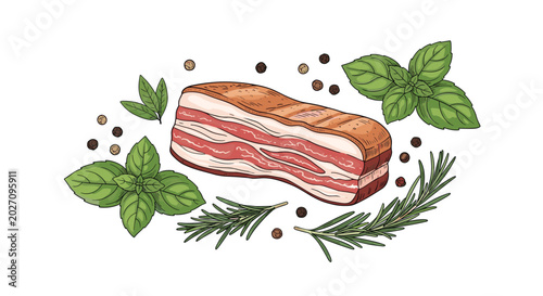 delicious slice of smoked bacon is presented with fresh basil leaves, sprigs of rosemary, and scattered black peppercorns on a white background.
