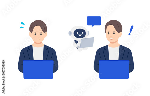 AI･チャットボットで作業を効率化するビジネスパーソン男性のセット【人物ベクターイラスト素材】