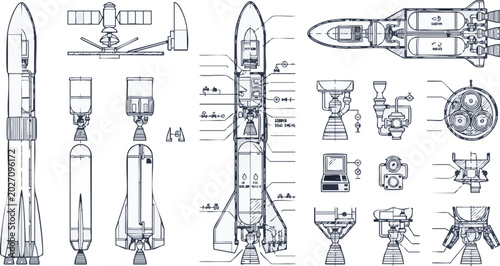 Space Rocket Engineering Blueprint Technical Diagram and Detailed Components Vector
