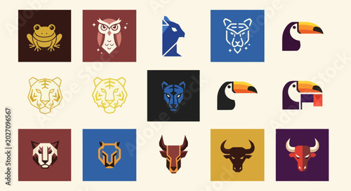 Set of stylized animal icons and logos, minimalist pixel art design