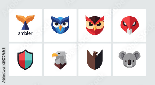 Set of stylized animal and shield logos, flat design, vector icons