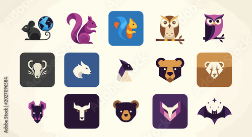 Set of stylized animal icons, pixel art design, vector graphics