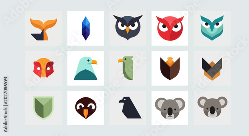 Set of stylized animal and object icons, flat design, vector illustrations