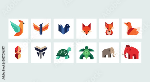 Set of stylized animal icons and geometric shapes, pixel art style