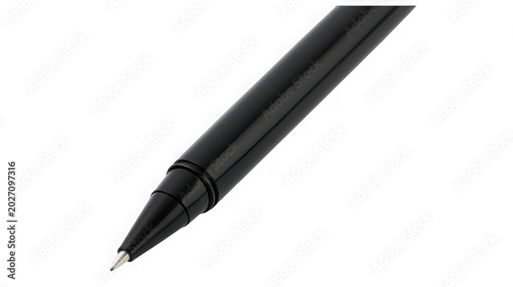 Naklejka premium Elegant sleek black rollerball pen tip close up macro detail professional writing instrument tool on transparent background