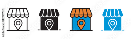 Retail store icon set, map location pin pointer symbols, local business finder shop navigation elements, vector illustration collection