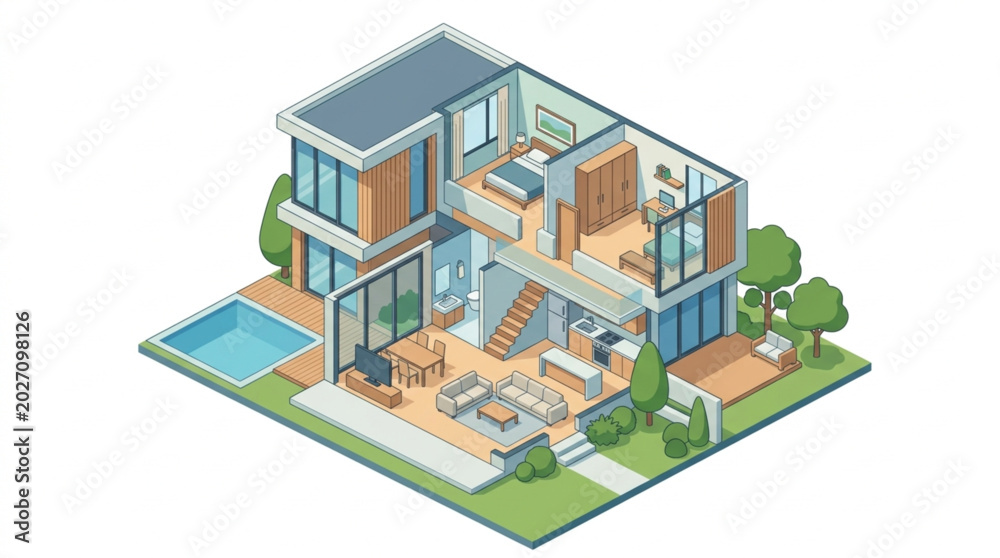 Fototapeta premium Modern Isometric House Cutaway with Swimming Pool and Garden.