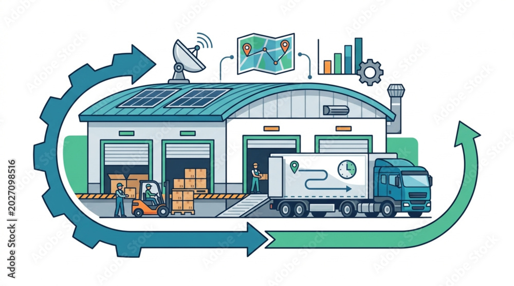 Naklejka premium Modern logistics warehouse with truck and delivery process illustration.