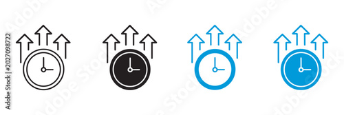 Alarm clock icon set, upward arrows productivity increase symbols, time management efficiency and fast service growth, business scheduling vector illustration pack