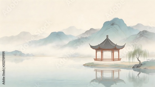 Traditional pavilion by serene lake