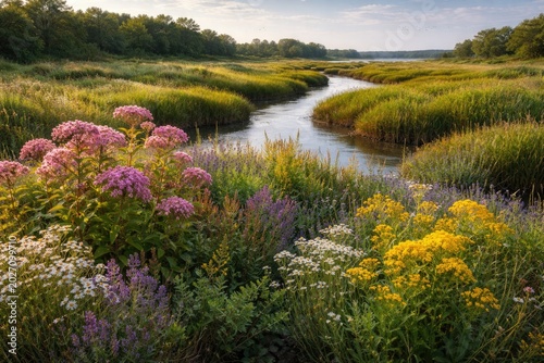 Thriving native vegetation and flowers in estuarine salt marsh habitat