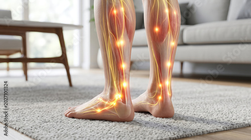 Visual depiction nerve pain tired legs neuropathy movement concept. Illustration of human legs showcasing anatomical muscles and nerves.