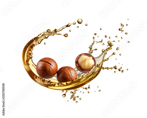 Macadamia nuts in curved oily splashes close-up isolated on a transparent background. Generative AI