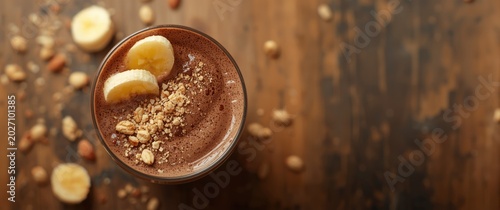 Aerial view of a chocolate smoothie featuring banana pieces and nut sprinkles