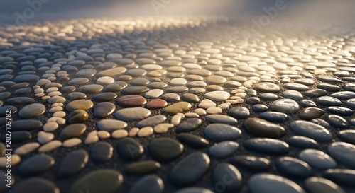 Smooth Pebbles Path Illuminated by Golden Sunlight Rays.