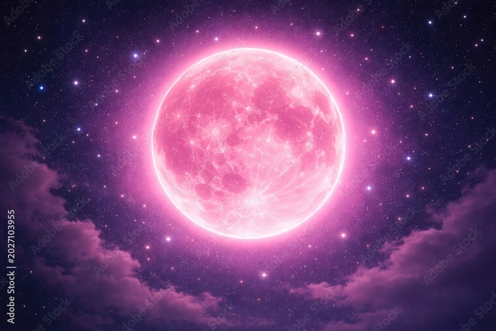 Obraz premium Full super moon in vivid pink color with sparkling stars and a gentle pink halo during night