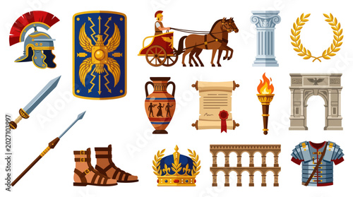 Ancient Rome History Flat Cartoon Icons Set. Empire Symbols, Gladiator Gear, Artifacts, and Architectural Elements.