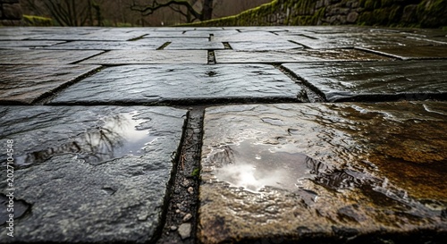 Wet Stone Pavement Reflecting Sunlight After Rain.