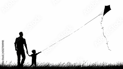 Bild auf Leinwand fathers day Silhouette of father and child flying kite, black icon, vector illus