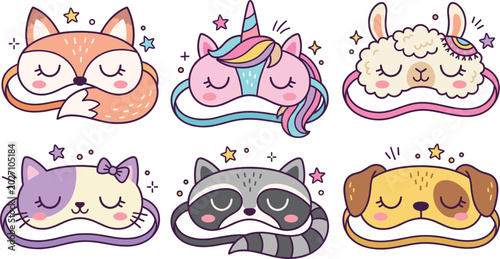 Bild auf Leinwand Cute cartoon animal sleeping eye masks collection vector setCute cartoon animal