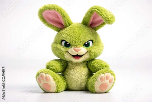 A plush green toy with bunny ears and a mischievous grin posed on a smooth white background