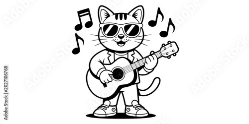 Cool cat playing acoustic guitar and wearing sunglasses with musical notes Vector, illustration