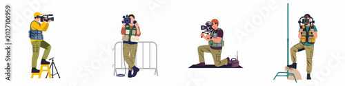 Fotografie Set of four professional cameramen in various poses and using different filming equipment, isolated on a white background