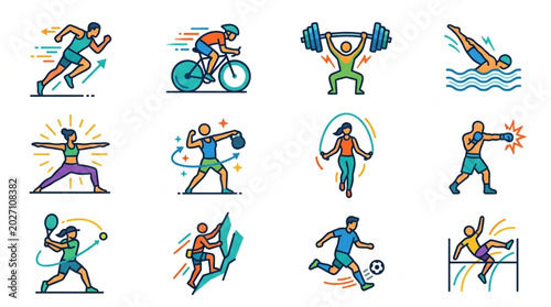 Foto Collection of Diverse Sports and Fitness Activities Icons.