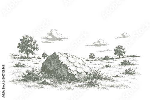 Obraz na płótnie Minimalist sketch style vector illustration of a wide open field landscape featu
