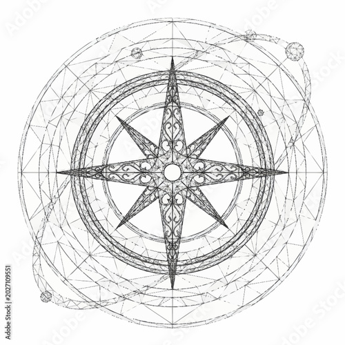 Ornate compass rose with celestial orbits and geometric patterns.