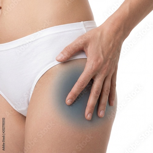 Close up of female hand touching a large dark bruise on her upper thigh or hip area