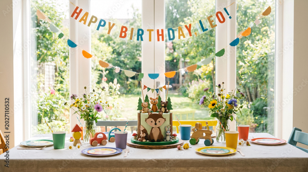 Fototapeta premium Birthday party table decorated with woodland animal cake and colorful banner by window