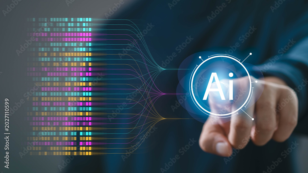 Fototapeta premium Artificial intelligence data processing with AI interface and big data flow visualization, machine learning technology, digital analytics, automation system and futuristic smart technology integration