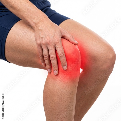 Person's hand holds a painful red knee joint indicating an injury discomfort or ailment