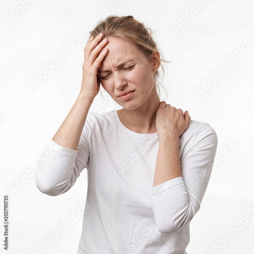 Woman grimacing in pain holding her head and shoulder due to severe discomfort