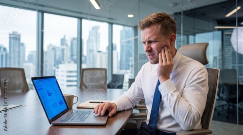 Adult man holding his aching jaw with a painful grimace while working at his laptop
