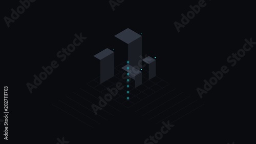 Abstract geometric cityscape with glowing elements on dark backdrop