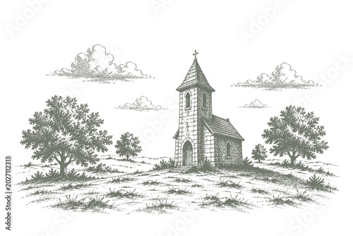 Fotografie Classic engraving style vector illustration of a peaceful countryside landscape
