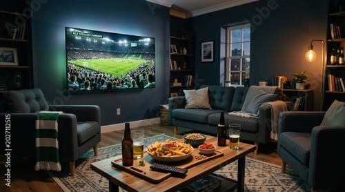 Modern living room with a large TV showing a soccer match. Home football entertainment setup with beer and snacks on the coffee table. Sports viewing party preparation