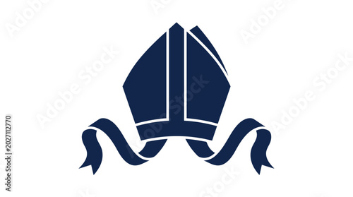 Dark blue graphic illustration of a religious bishop miter hat with decorative flowing ribbon tails attached