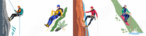 Fotografia A collection of four vector illustrations showing various canyoning activities, such as rappelling down cliffs and waterfalls, and navigating rugged mountain terrain