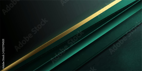 Modern dark mode corporate backdrop with sharp geometric emerald green metal sheets and a premium brushed gold accent line running diagonally
