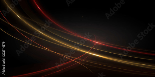 Fotografi Abstract dark background with elegant gold and red light trails sweeping from th