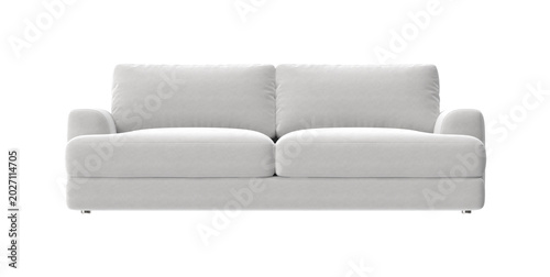 Schilderij op canvas Modern Low Profile Three Seater Sofa with Plump Cushions Front View on White Bac
