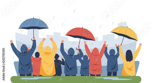 People in raincoats holding umbrellas celebrating world football tournament in city on rainy day with green grass and buildings