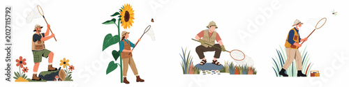 Tableau sur toile Collection of diverse entomologists and nature lovers catching butterflies and dragonflies with nets in a flat vector illustration style