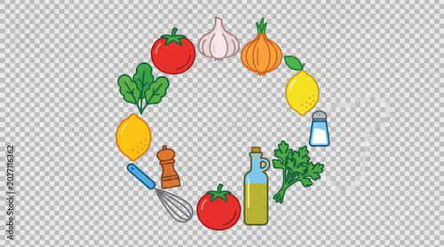 Isolated Vector Kitchen Ingredients and Cooking Tools Wreath Frame